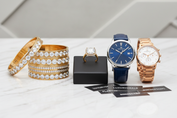 An elegant collection of gold and diamond jewelry alongside luxury watches displayed on a pristine marble surface, showcasing sophistication and style.