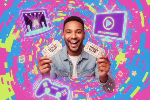 Person holding movie tickets surrounded by simple icons for concerts, streaming, and gaming entertainment deals.