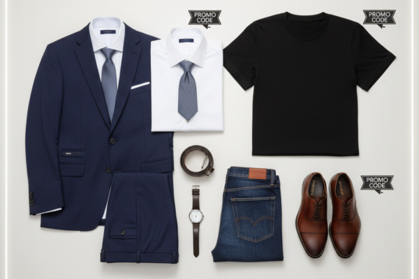 A curated men's fashion flat showcasing versatile formal and casual wear, including suits, jeans, t-shirts, and accessories like watches and belts, emphasizing style and affordability.