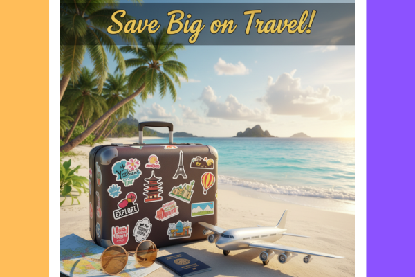 A travel collage for vacation planning, showing a suitcase, passport, and airplane with the text 'Save Big on Travel!' for travel savings.