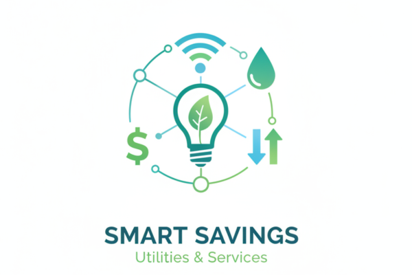 Modern green and blue graphic with light bulb and dollar signs representing utilities savings and promo codes.