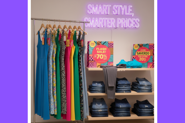 Stylish women's clothing rack featuring dresses, jeans, and activewear with discount tags and shopping bags.