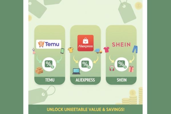 Comparison graphic of Temu, AliExpress, and Shein with icons for clothes, tech gadgets, and shipping boxes, highlighting savings and discounts on a budget-friendly green and yellow background.