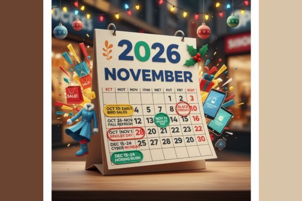 A colorful 2026 calendar highlighting key shopping dates surrounded by icons of shopping bags, discount tags, and seasonal items like winter coats, electronics, and holiday decorations.