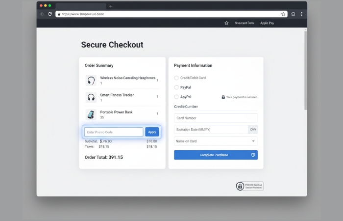 Screenshot of a checkout page with a promo code field highlighted.