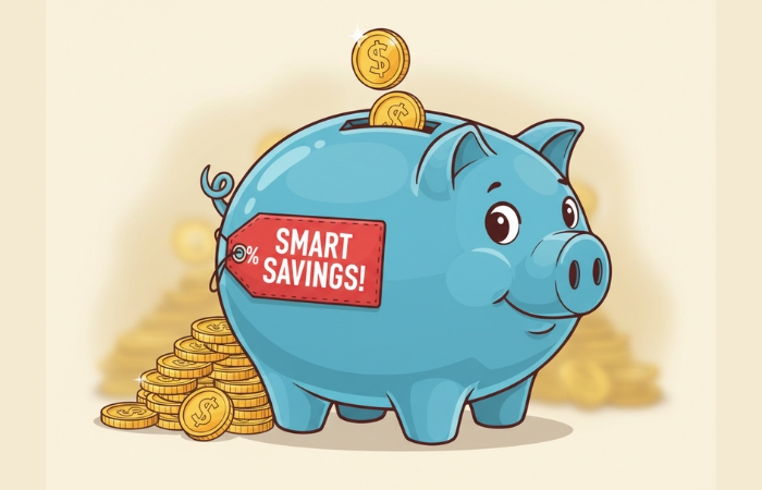 Illustration of a piggy bank with coins and a discount tag, symbolizing savings.
