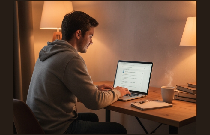 A person using a laptop to search for domain promo codes online.