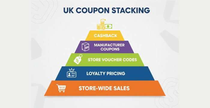 Infographic illustrating the five layers of UK coupon stacking: store-wide sales, loyalty pricing, store voucher codes, manufacturer coupons, and cashback.