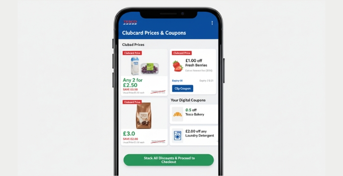 Screenshot of Tesco Clubcard app displaying loyalty pricing and digital coupons for stacking discounts.