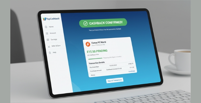 TopCashback platform interface showing a successful cashback transaction for a UK retailer.