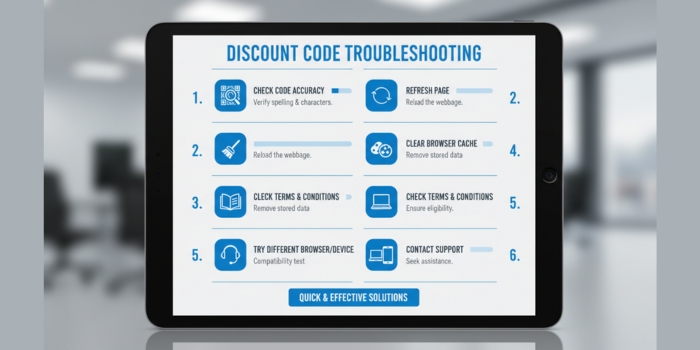 Checklist of troubleshooting steps for fixing discount code errors.