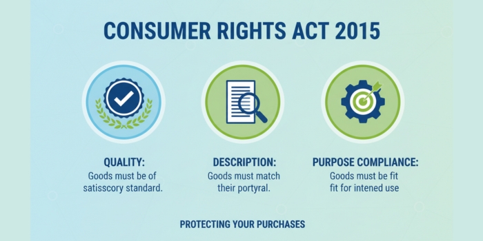 Illustration of the Consumer Rights Act 2015 with icons representing quality, description, and purpose compliance.