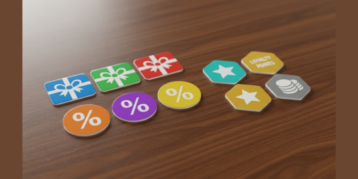 A collection of gift cards, discount codes, and loyalty points icons on a table.