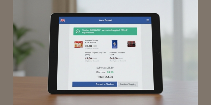 Shopping cart with a voucher code applied, showing a discount on eligible items in the UK.