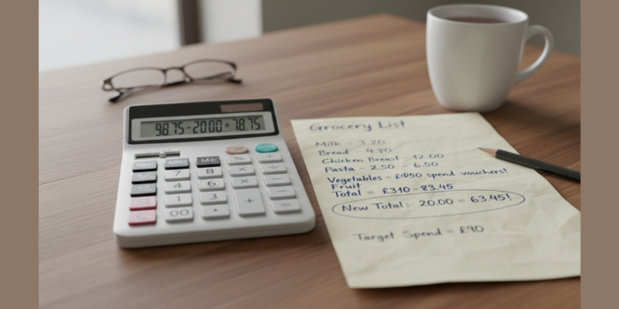 Calculator and shopping list showing how to calculate savings with minimum-spend vouchers.