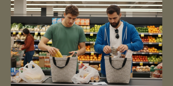 Two friends splitting groceries into separate baskets to use multiple minimum-spend vouchers.