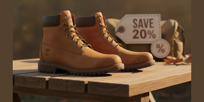 Timberland boots displayed in a premium lifestyle setting representing promo codes and discount savings