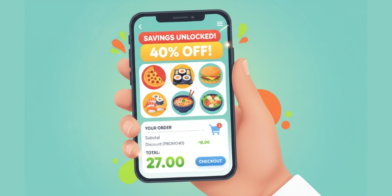Illustration of Uber Eats promo code savings on a food order.