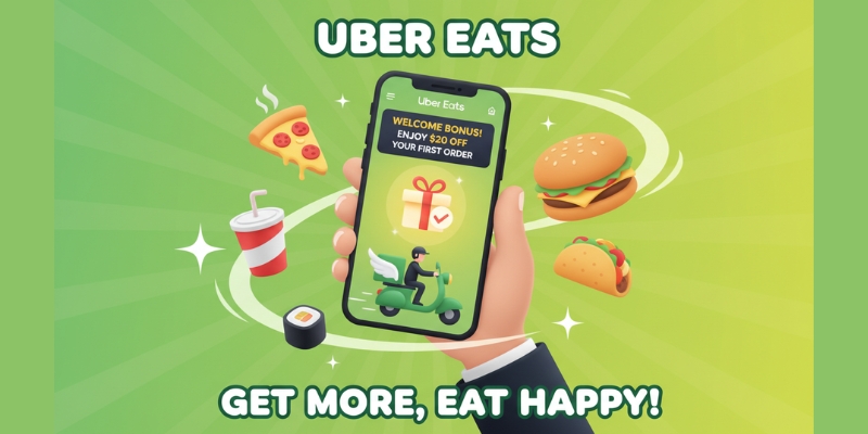 Visual guide for applying promo codes on Uber Eats app.