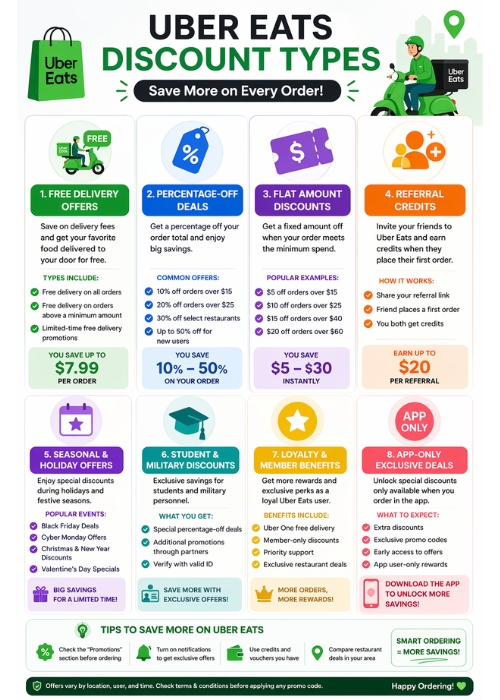 Infographic detailing Uber Eats discount types like free delivery, percentage-off, and referral credits.