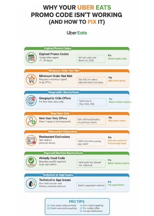 Infographic explaining common reasons why Uber Eats promo codes fail and how to fix them.