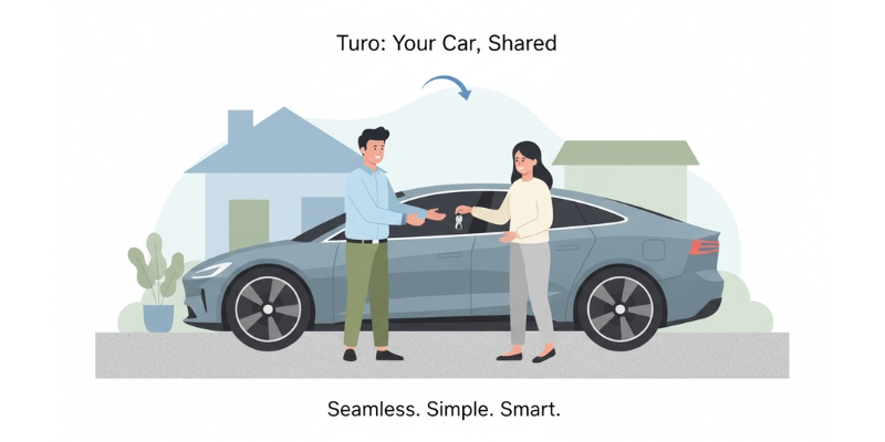 Illustration of Turo's peer-to-peer car sharing process with a car, host, and guest