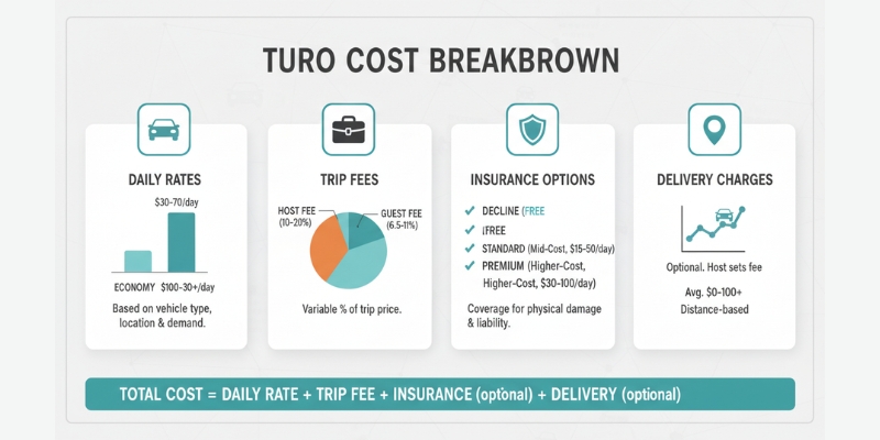 A table-style infographic showing Turo's cost breakdown including daily rates, trip fees, and insurance.