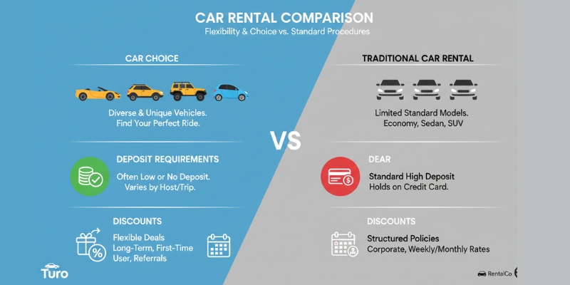 A comparison chart of Turo and traditional rental companies highlighting differences in car choice, deposit, and discounts.