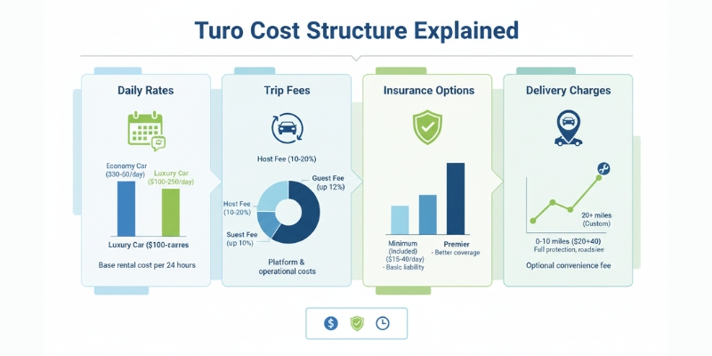 Detailed infographic showing Turo's cost structure, including daily rates, trip fees, insurance, and delivery charges.