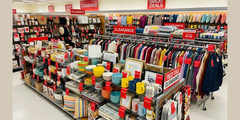 A variety of discounted home goods and fashion items displayed in the TJ Maxx clearance section.