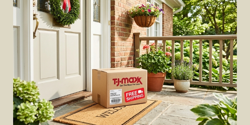 A delivery box with a TJ Maxx logo and a free shipping label on it.