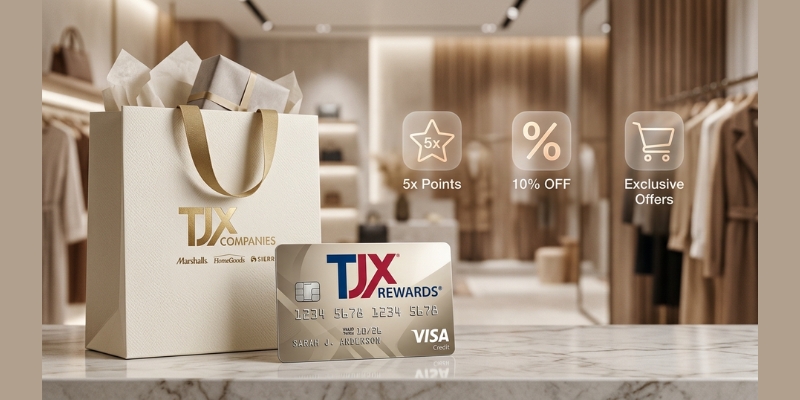 A TJX Rewards credit card with a shopping bag and reward points displayed in the background.