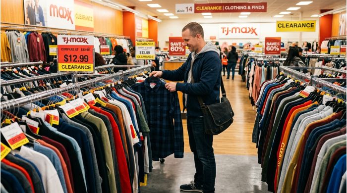 A shopper browsing the clearance aisle at TJ Maxx, looking at red and yellow-tagged items.