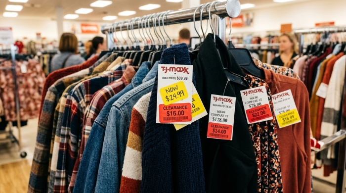 Close-up of TJ Maxx price tags showing white, red, and yellow stickers on clothing items.