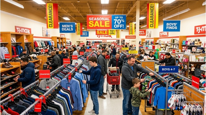 A TJ Maxx store during a seasonal clearance sale, with signs advertising discounts and shoppers browsing.