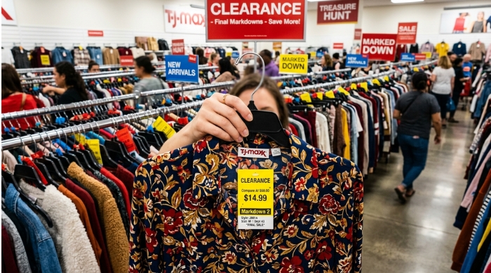 A shopper holding a yellow-tagged item at TJ Maxx, symbolizing final clearance deals.