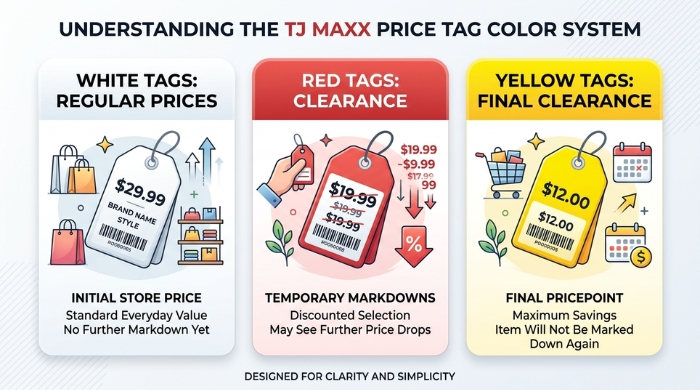 Infographic explaining the TJ Maxx price tag color system: white for regular price, red for clearance, and yellow for final clearance.