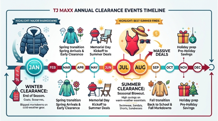 Infographic showing the TJ Maxx clearance events timeline, highlighting January and July/August as key months for discounts.